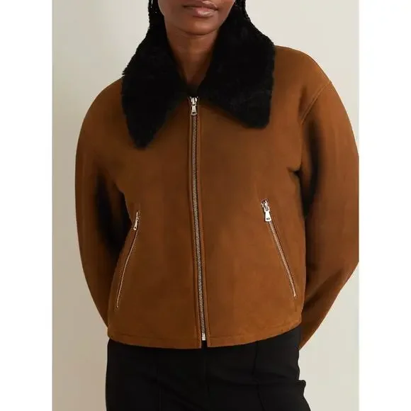 Nour Hammour S Nyla Simple Cropped Shearling Jacket in Cognac & Black - Picture 13 of 17